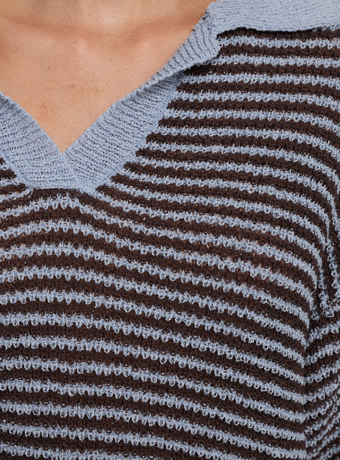Serenique Collared Short Sleeve Knit Top Blue Chocolate