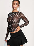 Rosenda Mesh Long Sleeve Top Black White Polka