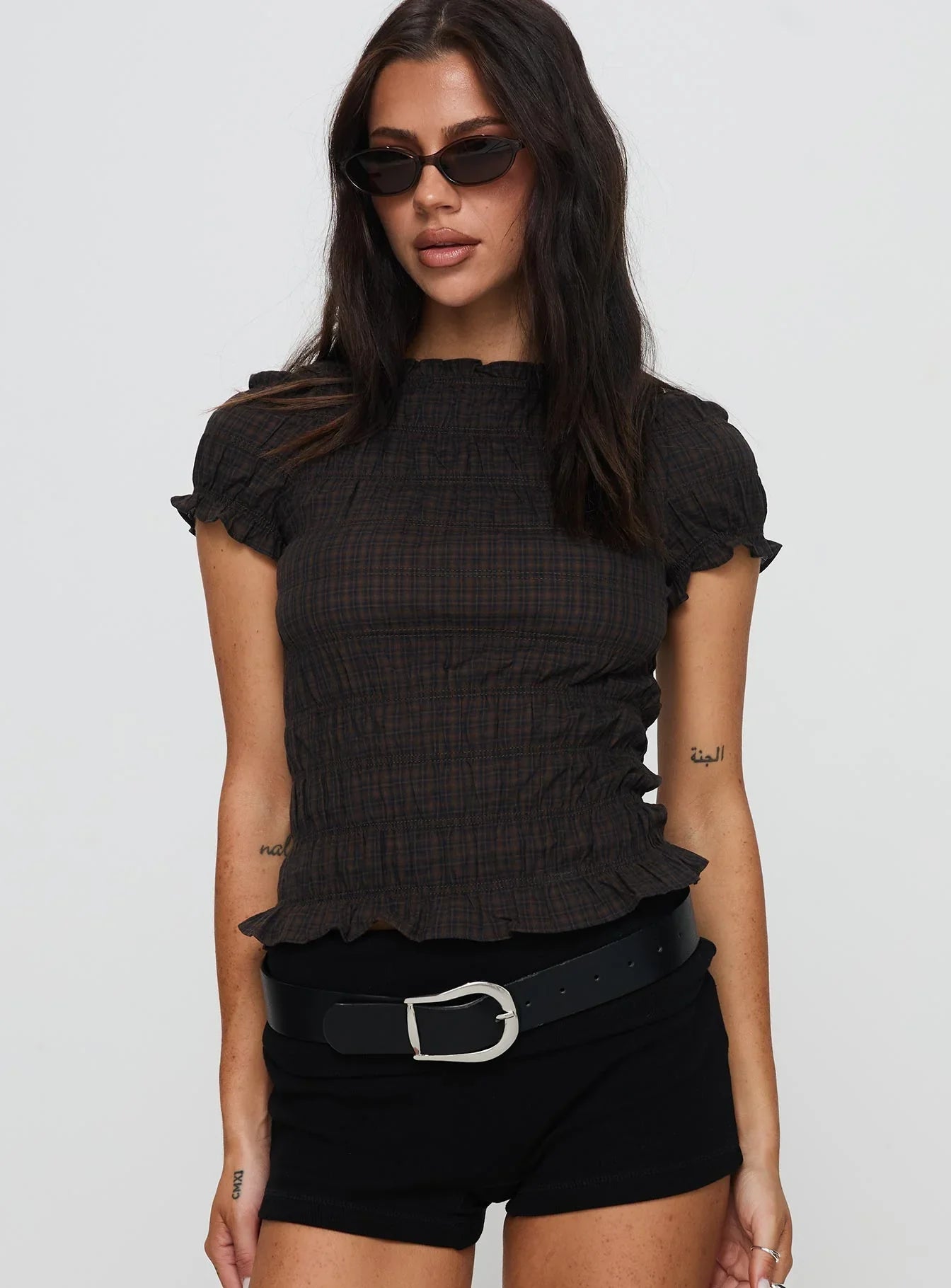 Romelle Shirred Top Black Brown Plaid Petite