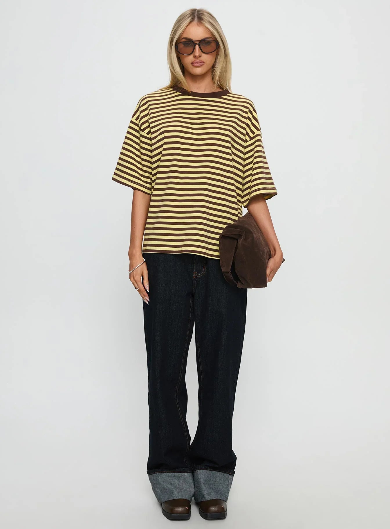Settle Down Short Sleeve Top Yellow Brown Stripe