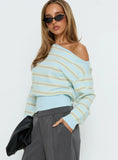 Zinia Off Shoulder Knit Sweater Grey Blue Stripe