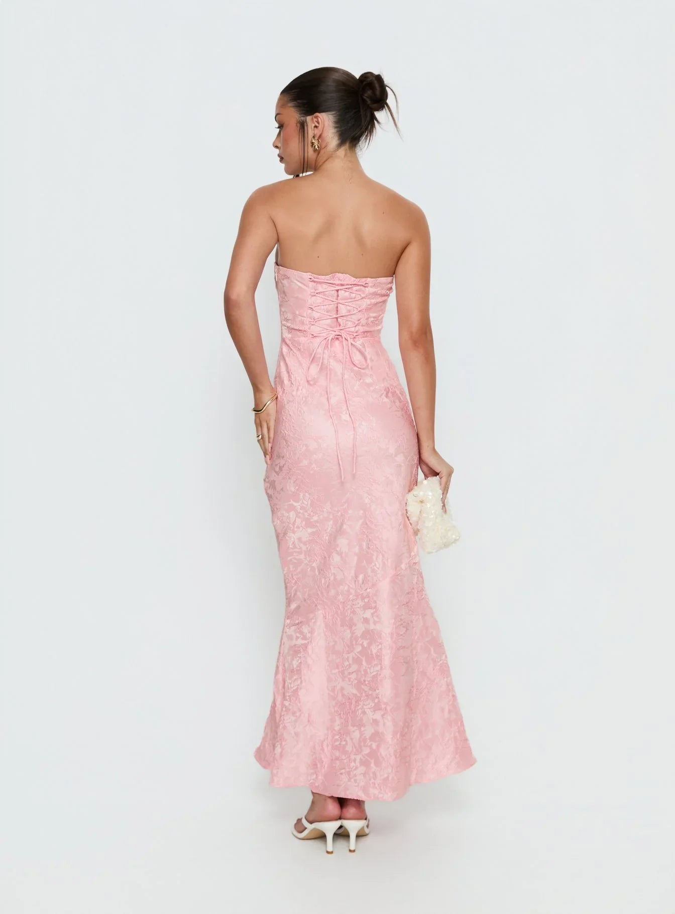 Lips Are Sealed Strapless Lace Up Back Maxi Dress Pink