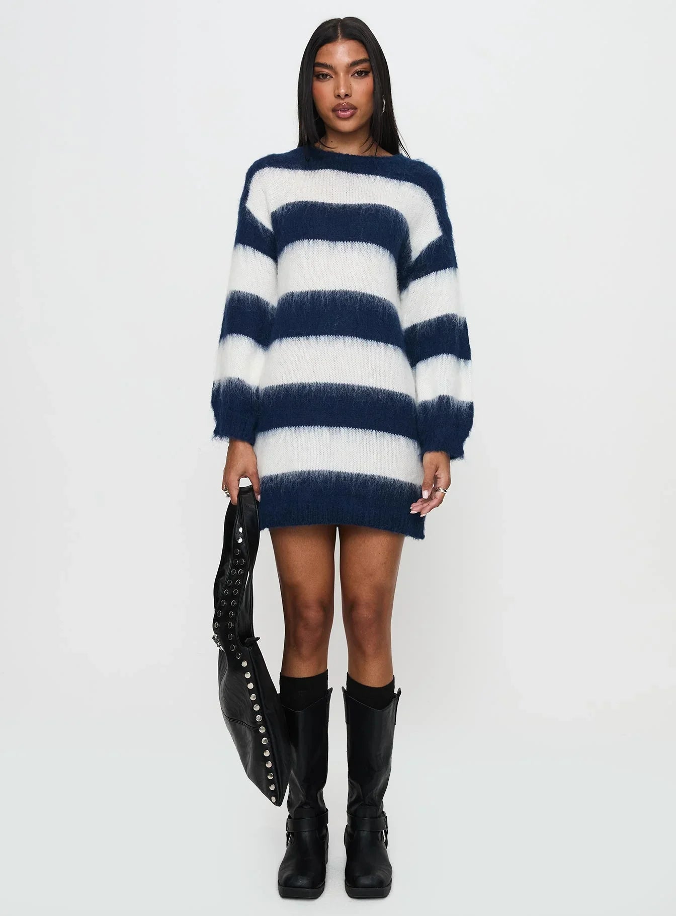 Iryna Long Sleeve Knit Mini Dress Navy White Stripe