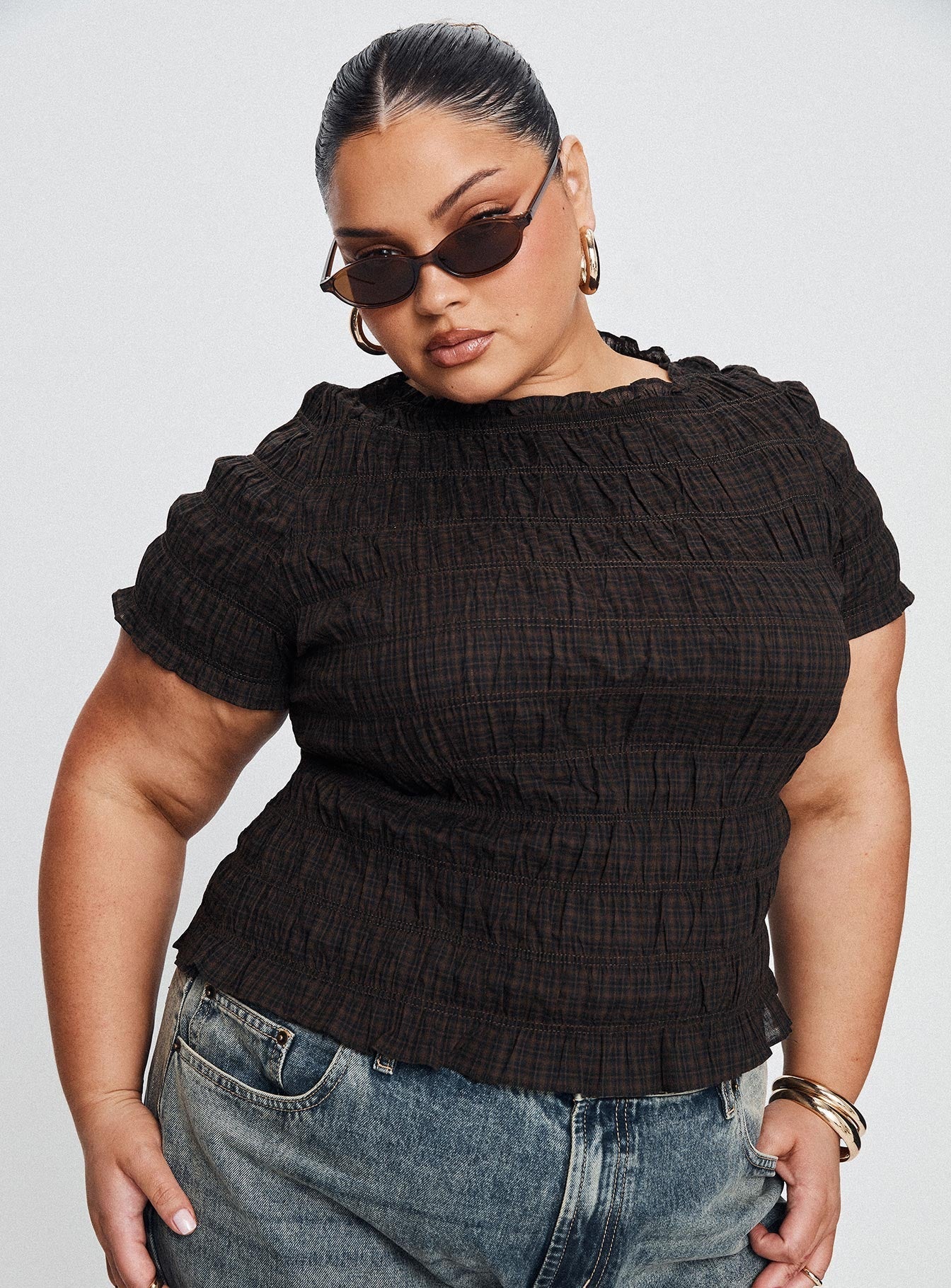 Romelle Shirred Top Black Brown Plaid
