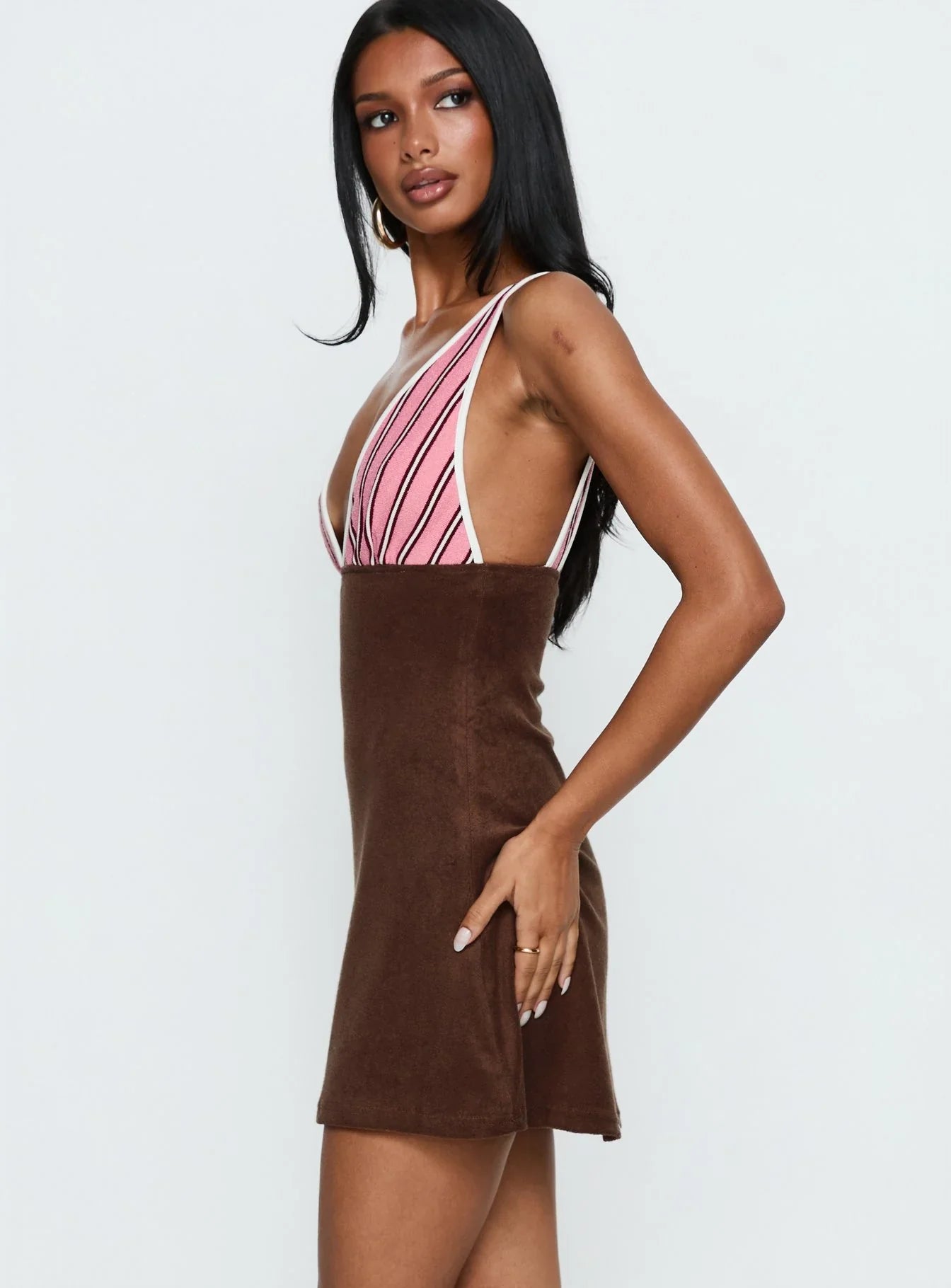 Aydenn Contrast Plunge Mini Dress Pink Brown