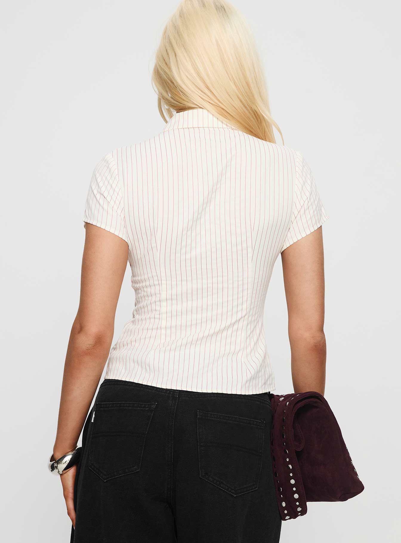 Lift Off Button Up Top White Red Stripe