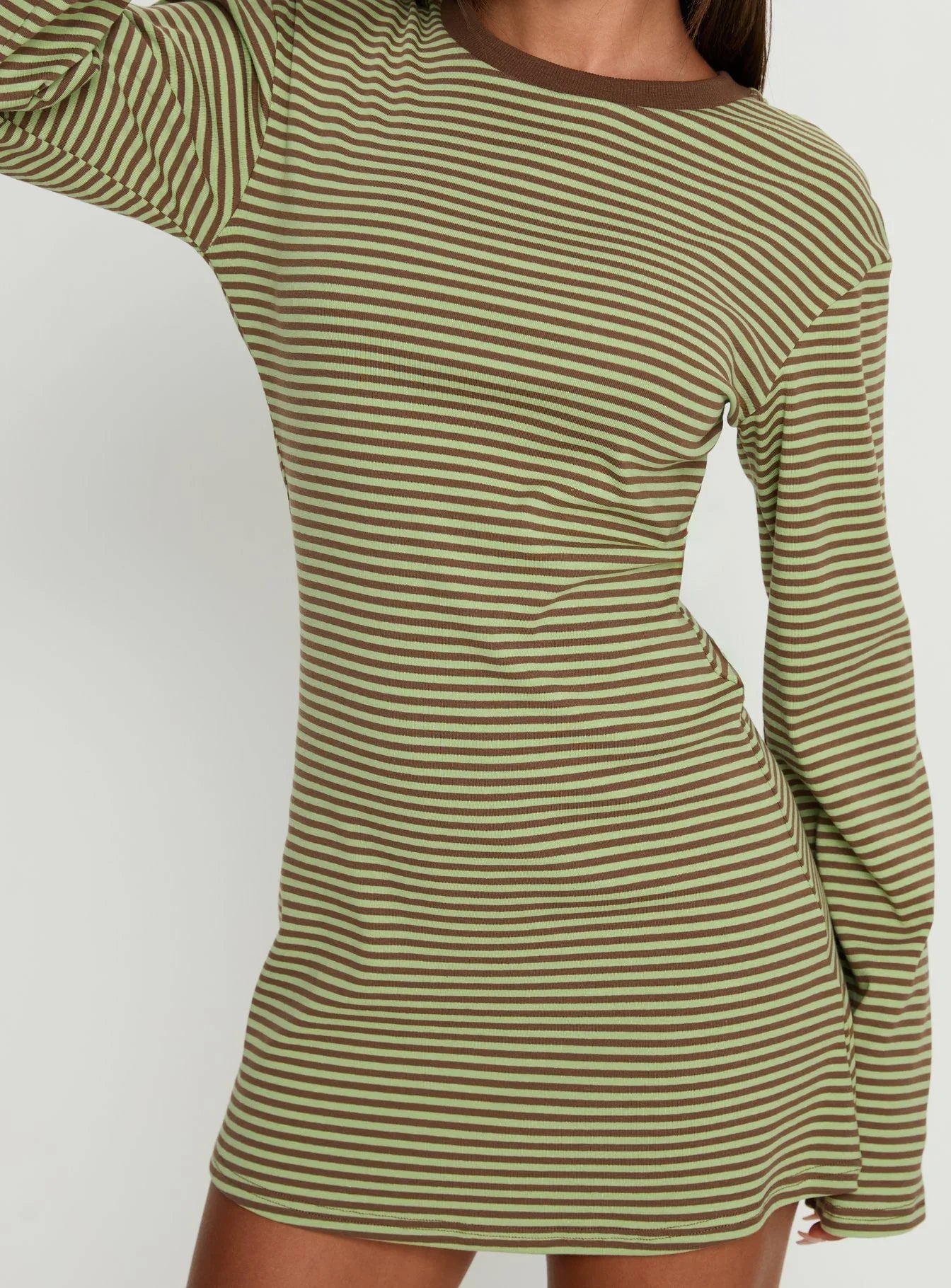 Lulolah Long Sleeve Mini Dress Green Chocolate Stripe