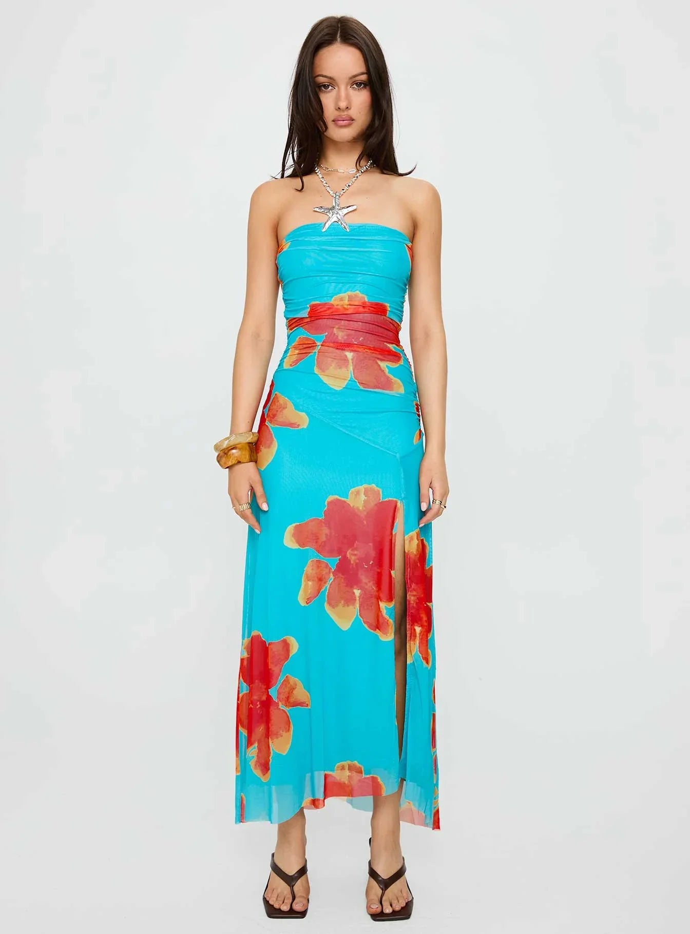 Katara Strapless Maxi Dress Blue Orange Floral