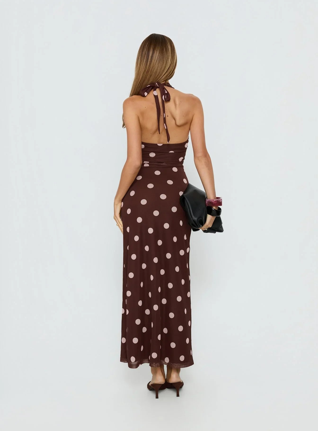 Saviana Halter Ruched Maxi Dress Chocolate Pink Polka Dot