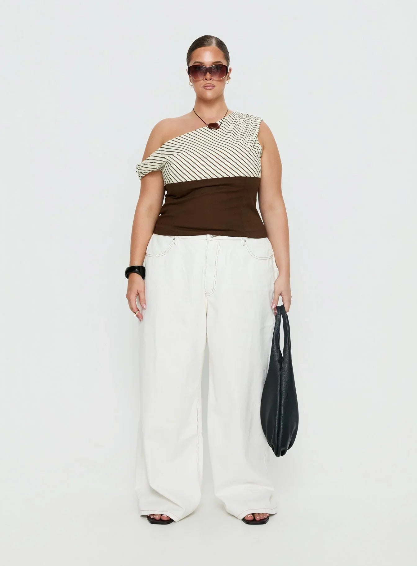 Past Life One Shoulder Top Brown Stripe Curve