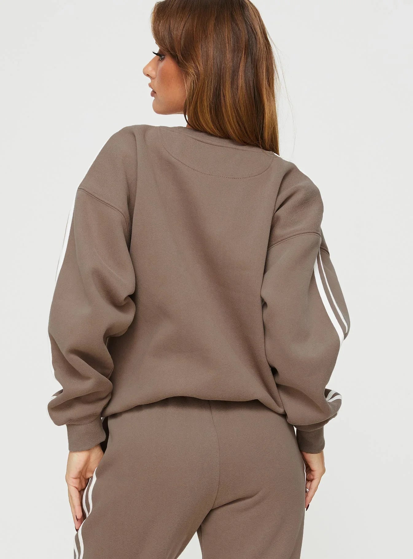 Princess Polly Crew Neck Sweatshirt Stripe Taupe White