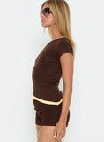 Eustace Off Shoulder Asymmetrical Top Brown Yellow