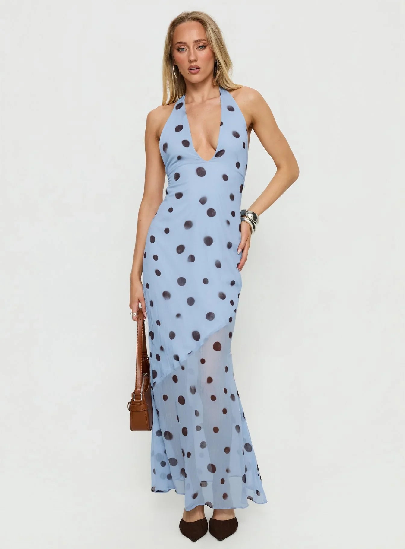 Oralee Halter Sheer Maxi Dress Blue Polka Dot