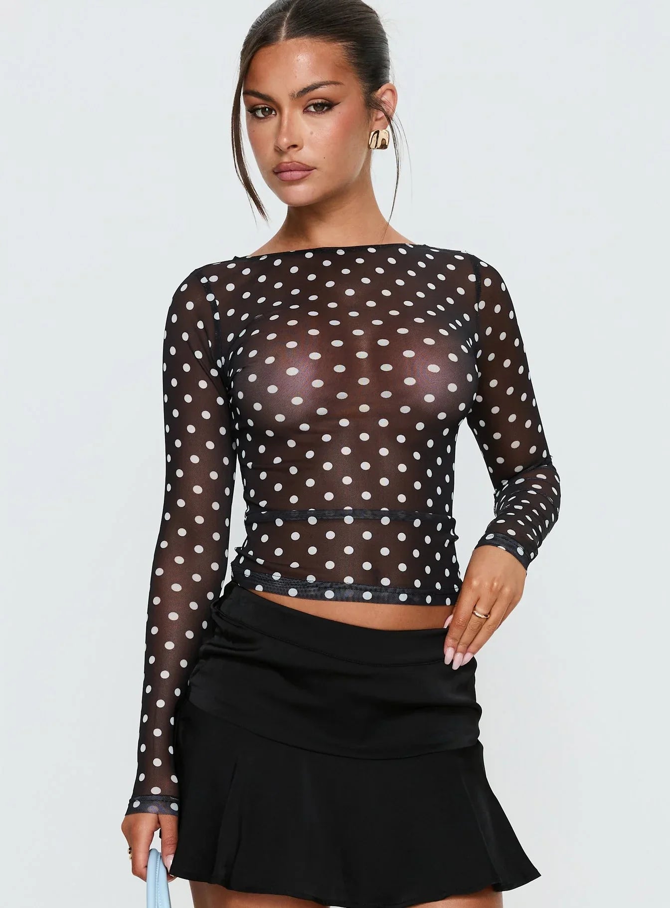 Rosenda Mesh Long Sleeve Top Black White Polka