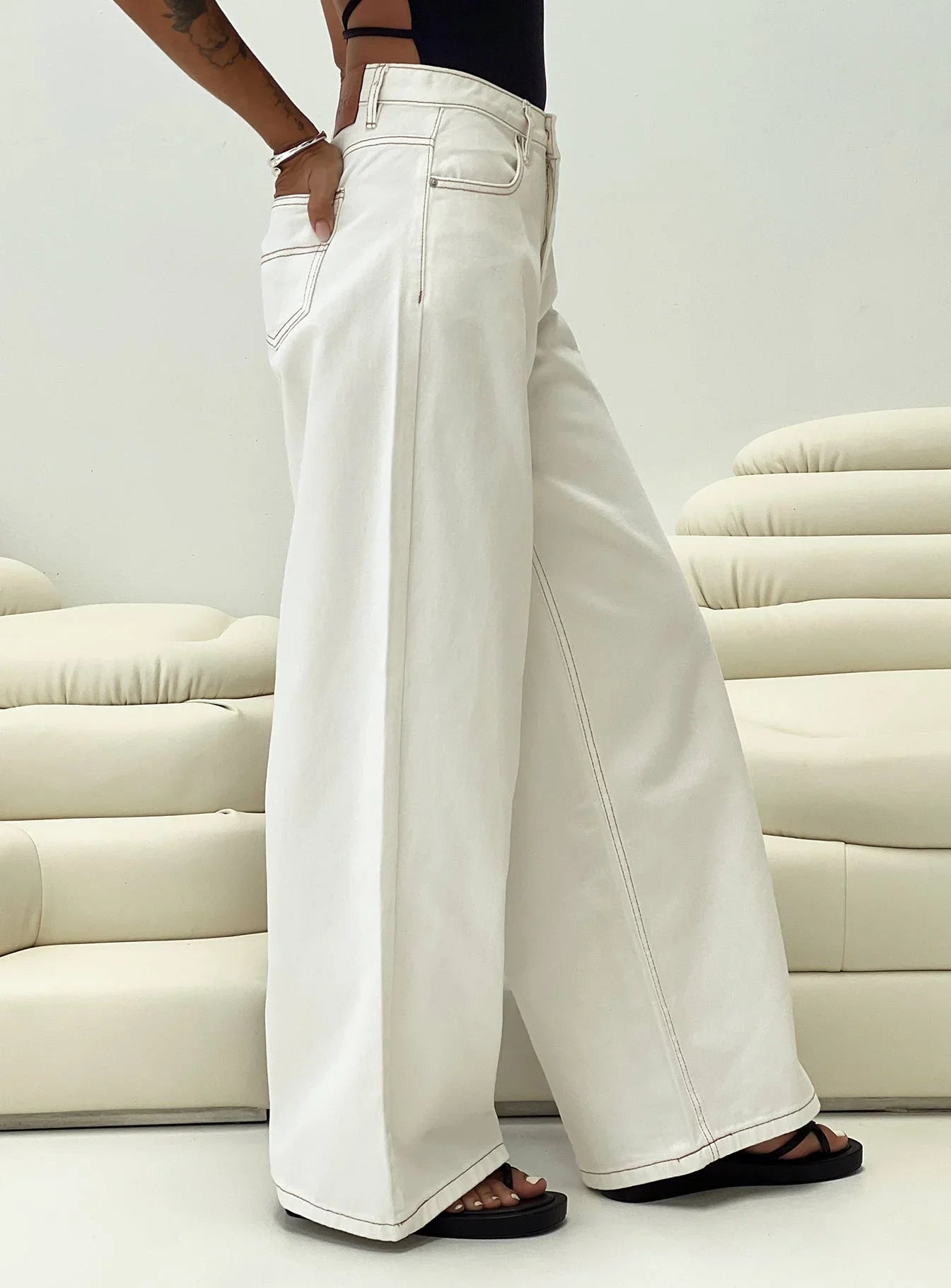 Naylor Mid Rise Wide Leg Jeans Cream Tall