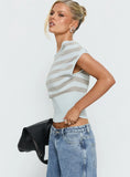 Vianne Cinched Waist Short Sleeve Knit Top Blue Grey Stripe