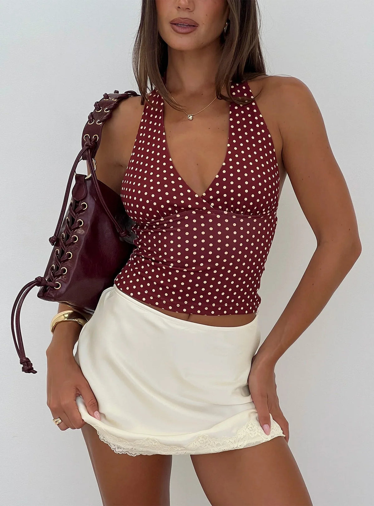 Whimsy Halter Top Burgundy Lemon Polka