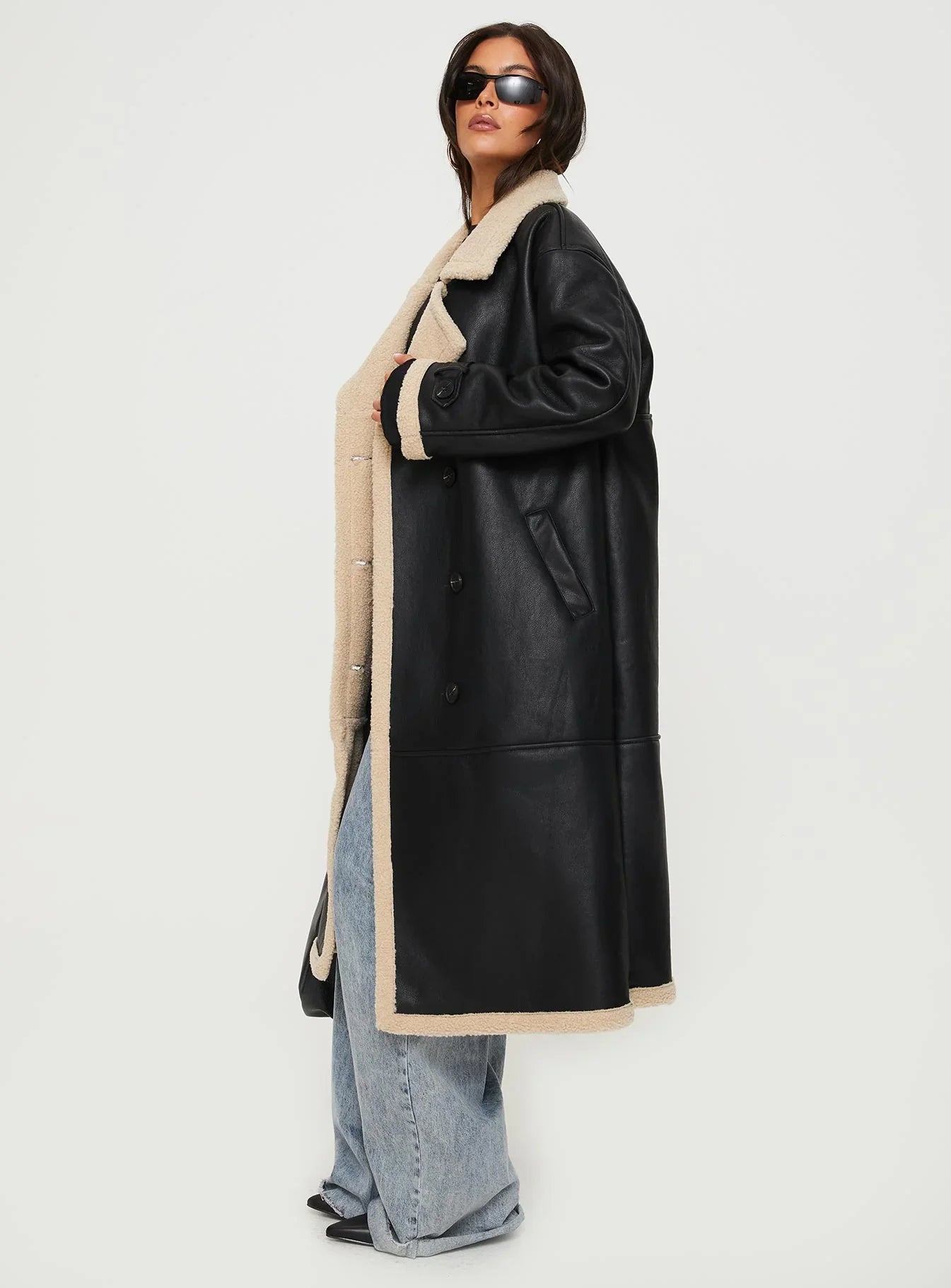 Day n Night Longline Shearling Coat Black