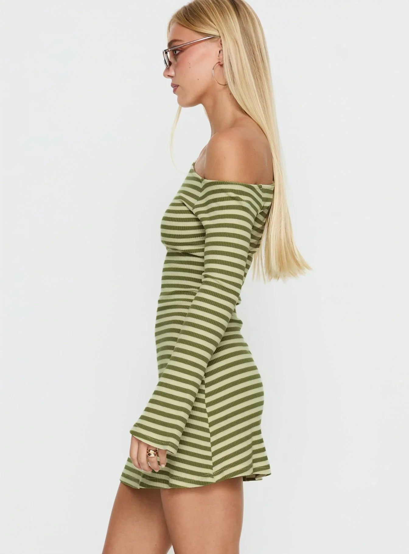 Adrietta Long Sleeve Off Shoulder Mini Dress Cream Matcha Stripe