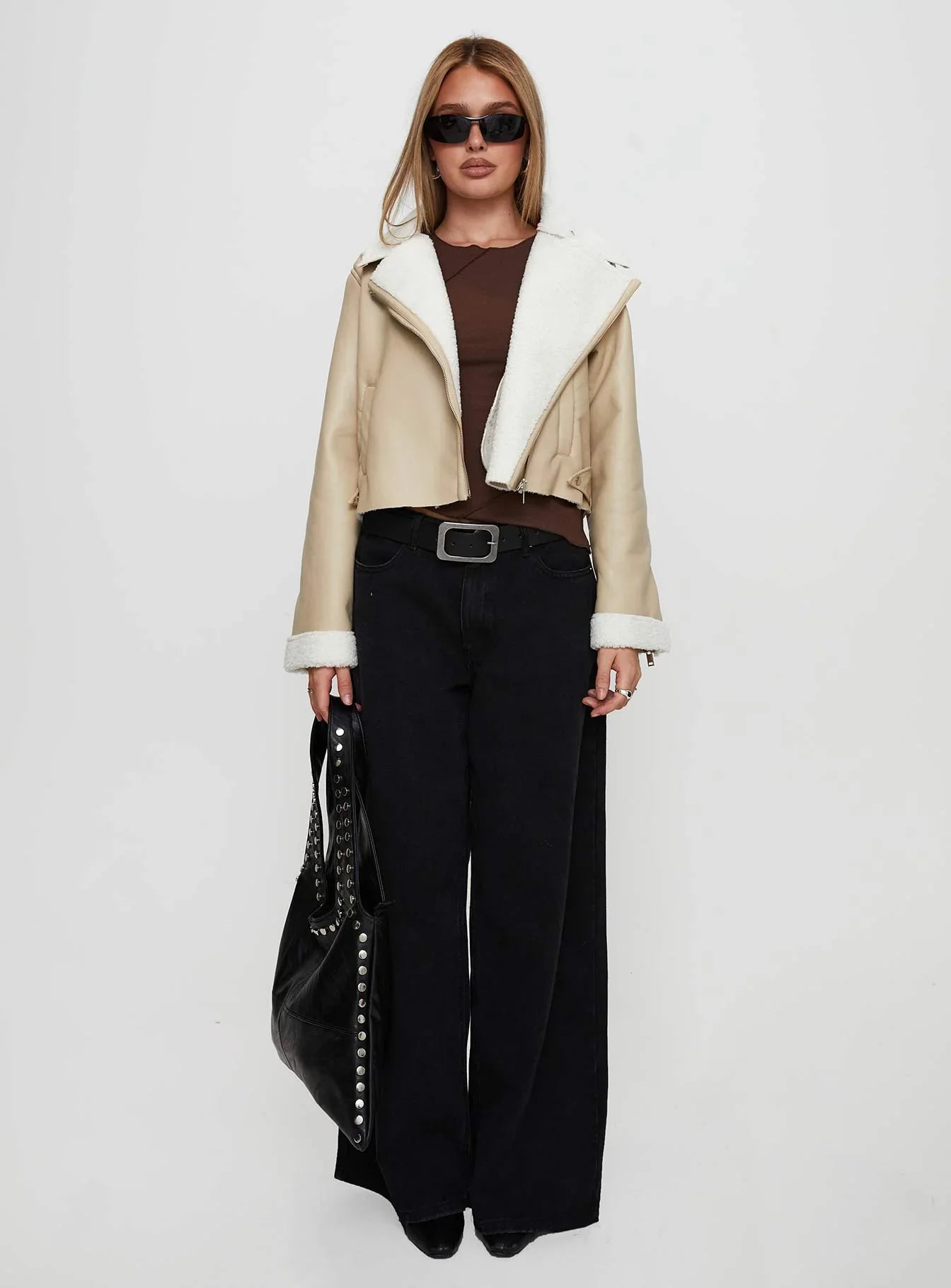 Shearling Trim Faux Leather Jacket Beige