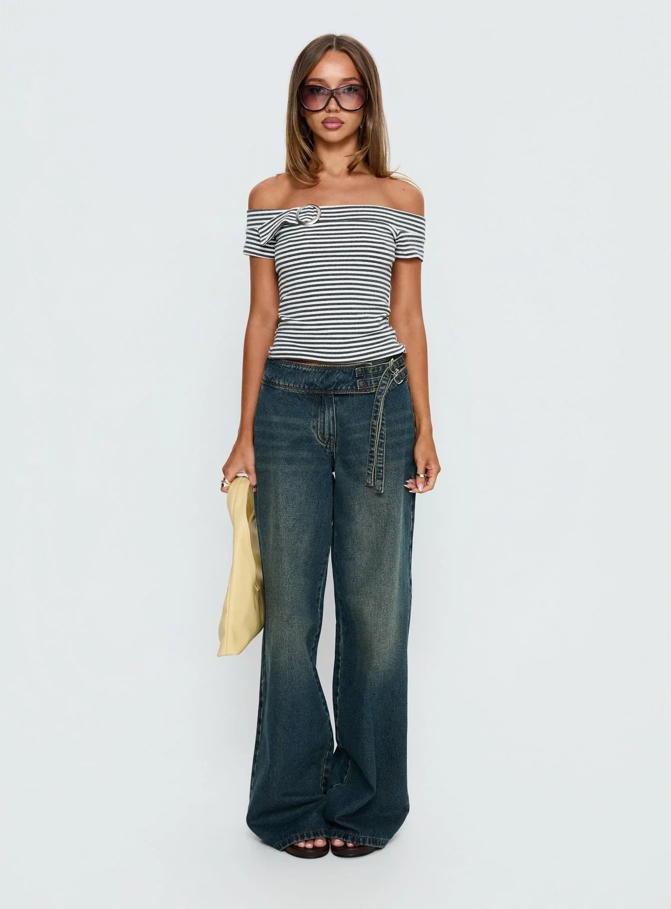 Kiela Off Shoulder Hardware Detail Top Grey White Stripe