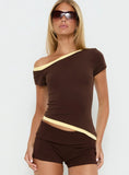 Eustace Off Shoulder Asymmetrical Top Brown Yellow