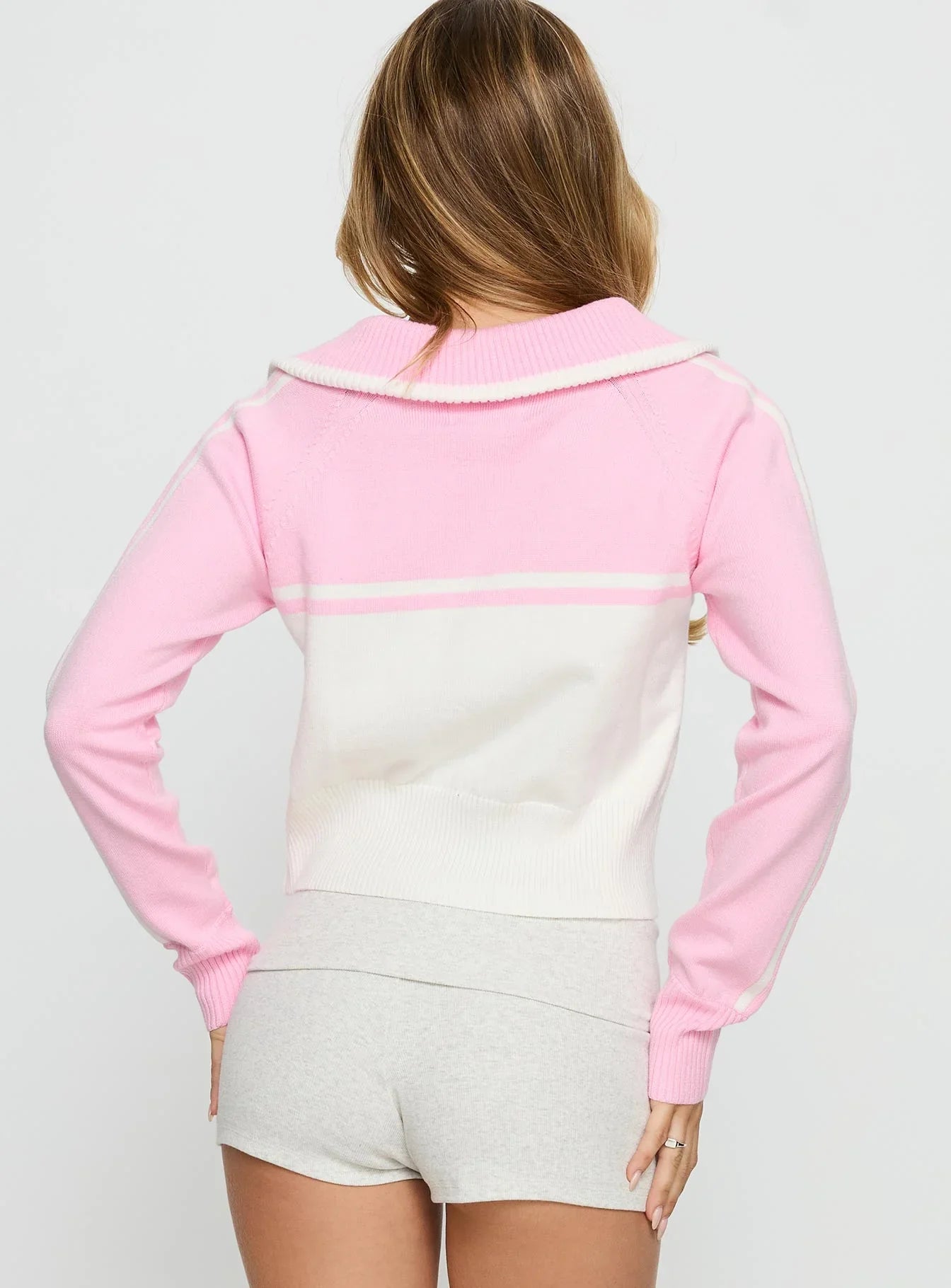 Take The Lead Zip Through Knit Sweater Pink White