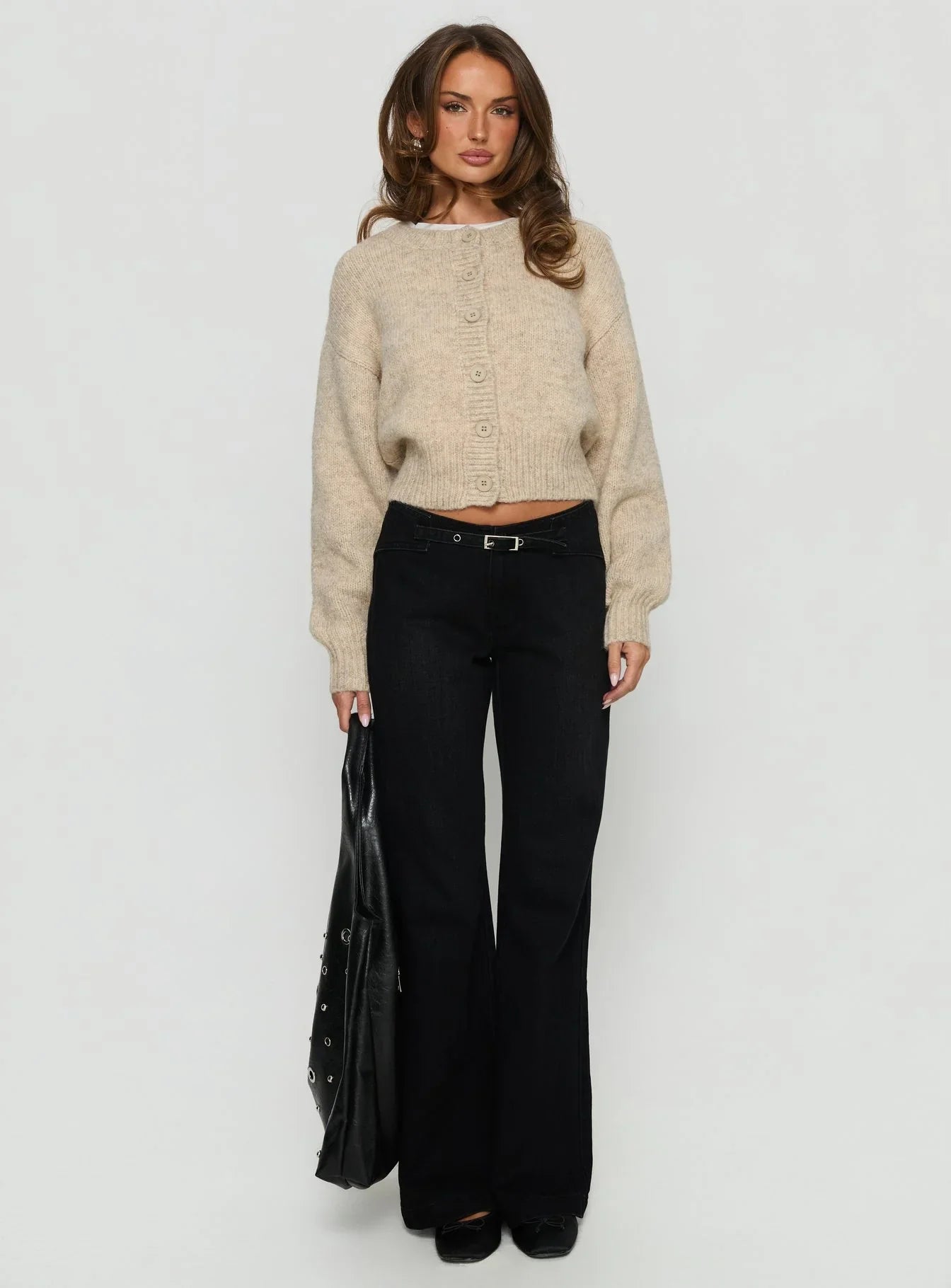 Slow Ride Mid Rise Bootleg Belted Jeans Washed Black
