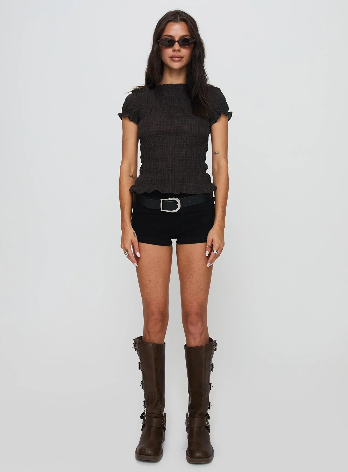 Romelle Shirred Top Black Brown Plaid