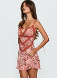 Orithia Lace Trim Playsuit Red Pink Leopard
