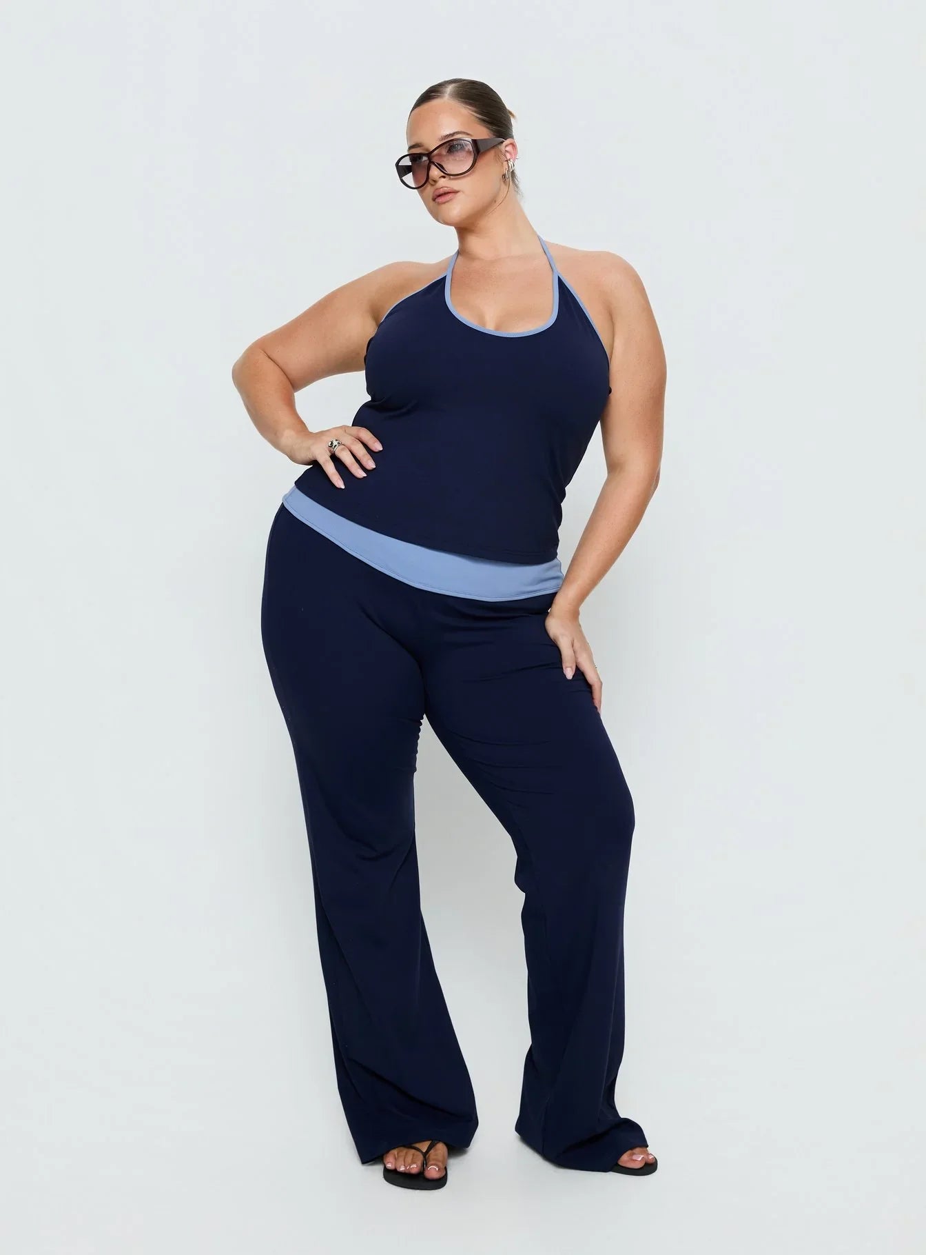 Kobee Jersey Flare Pants Navy Light Blue Curve