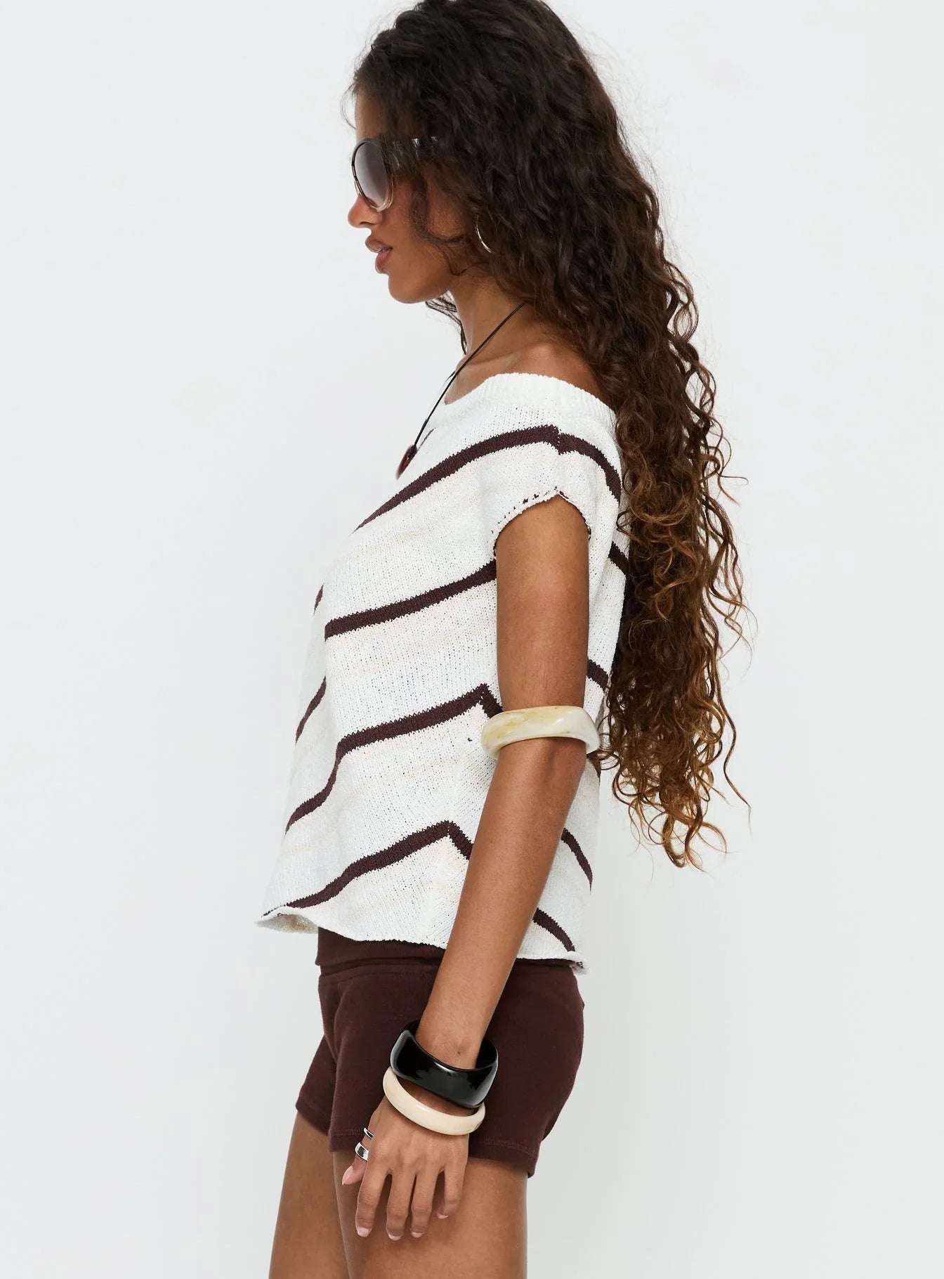 Ashfield Off Shoulder Top White Beige Stripe