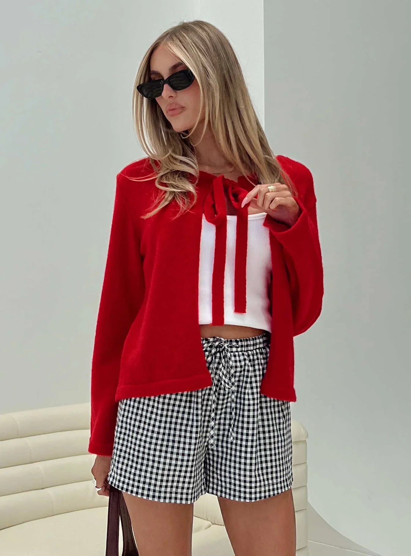 Norine Tie Up Knit Sweater Red