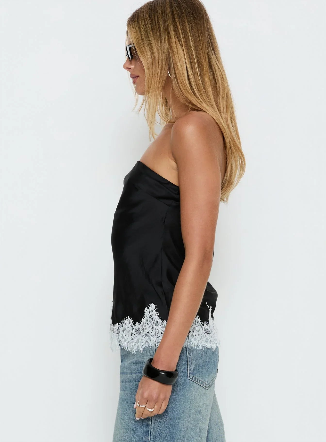 Fiorelle Strapless Lace Trim Satin Top Black White