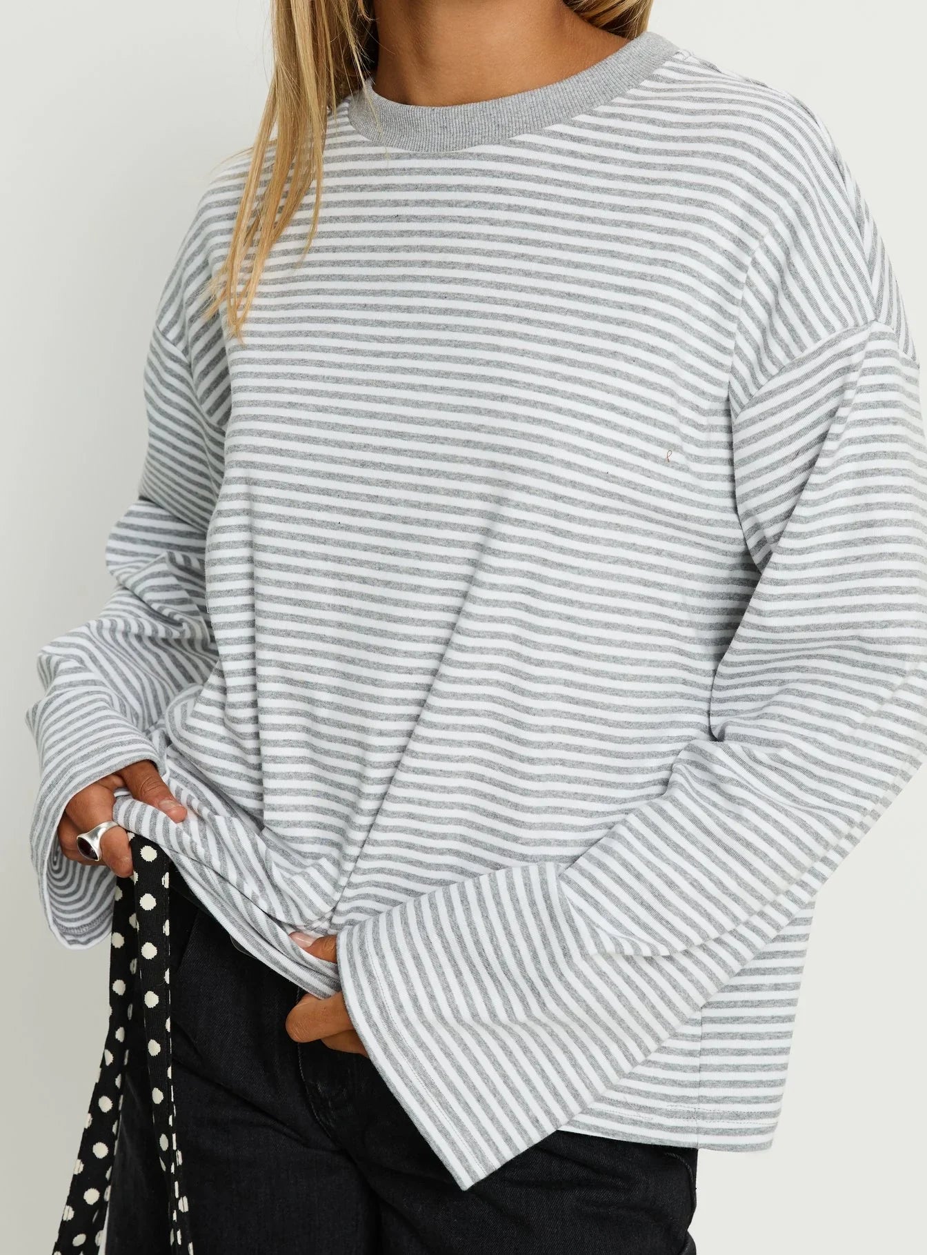 Settle Down Long Sleeve Top Grey White Stripe