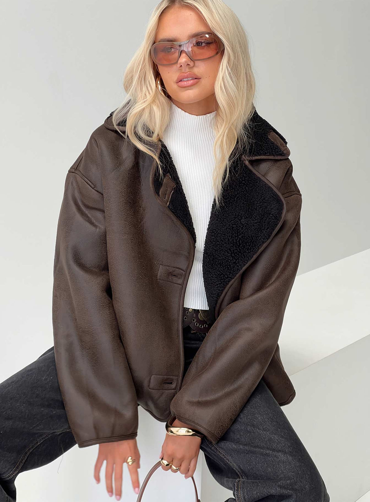 Nunez Faux Leather Jacket Washed Brown Black