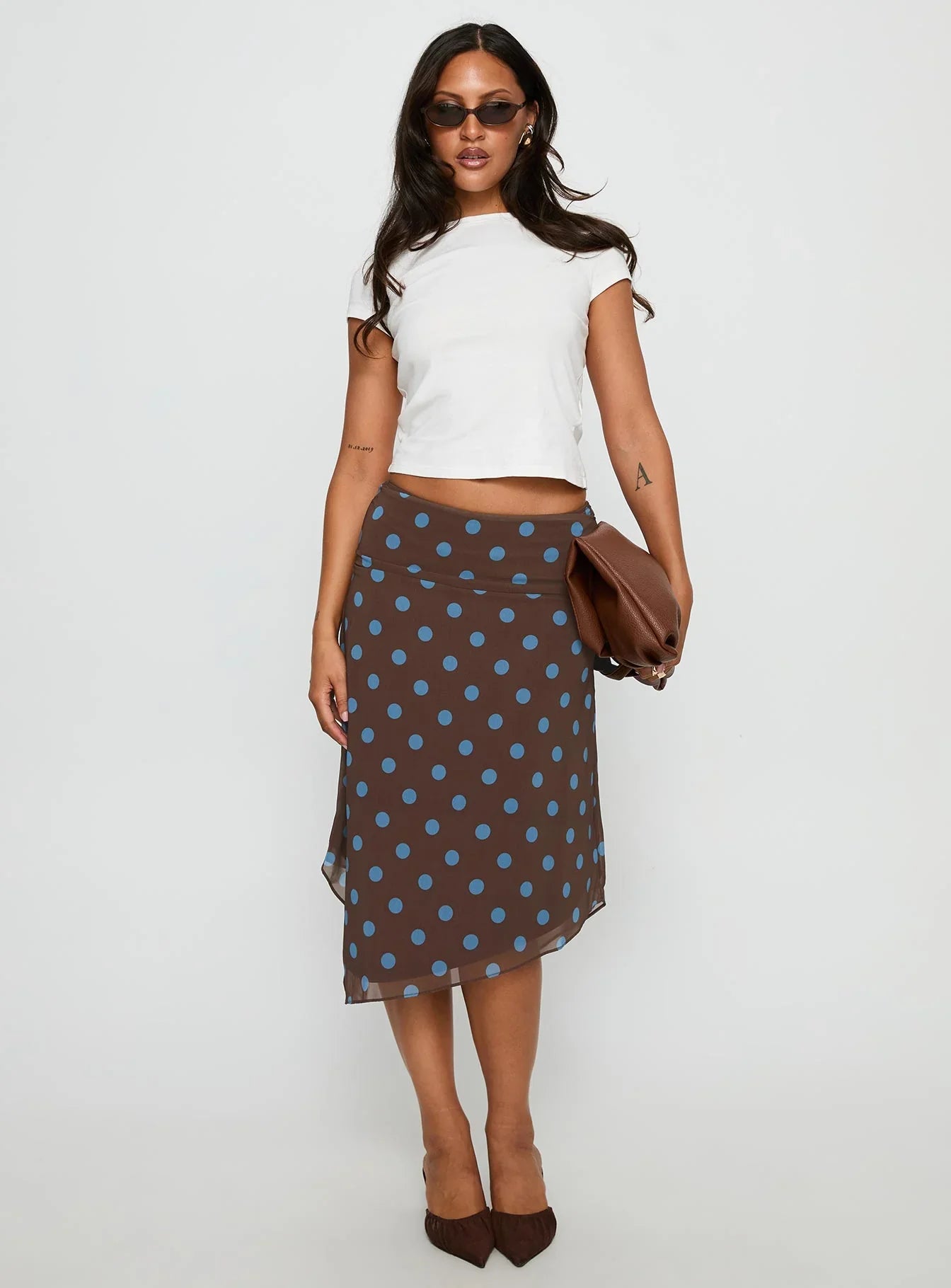 Daphene Asymmetrical Midi Skirt Brown Blue Polka Dot