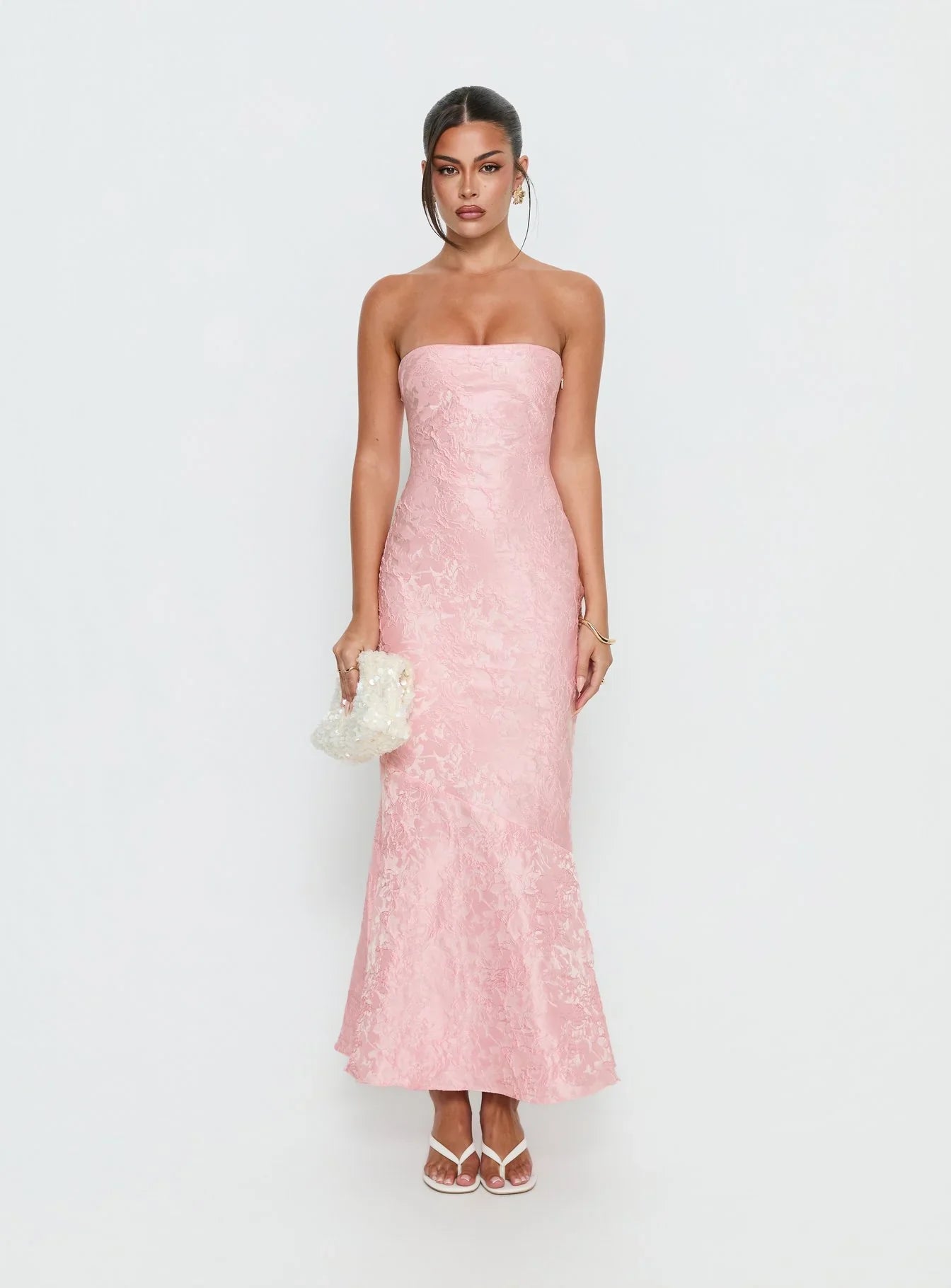 Lips Are Sealed Strapless Lace Up Back Maxi Dress Pink