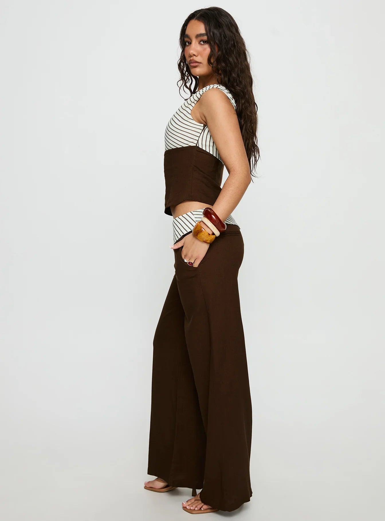 Past Life Fold Over Waistband Pant Brown Stripe
