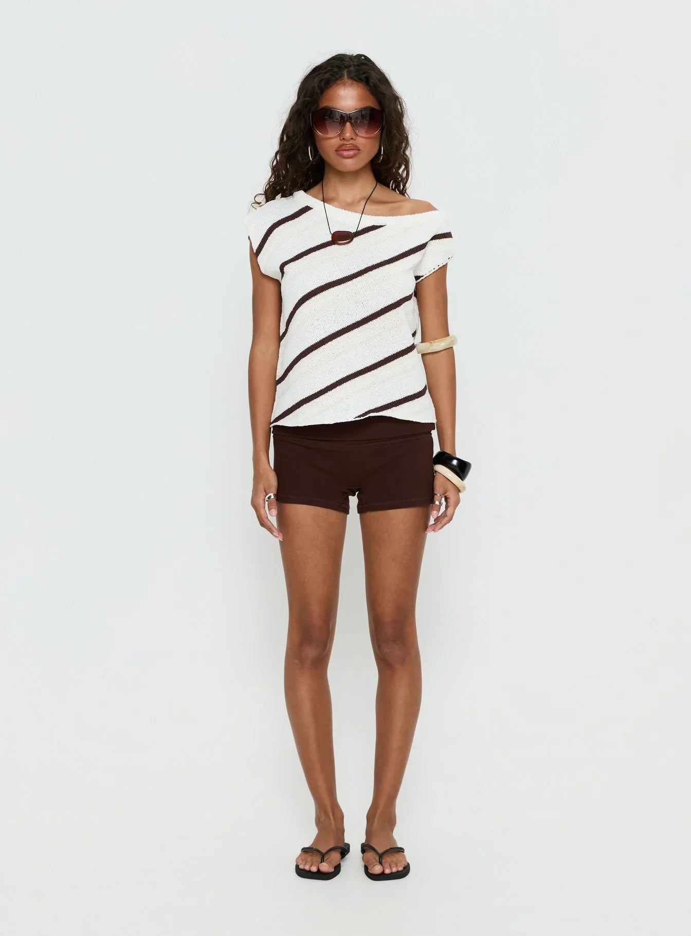 Ashfield Off Shoulder Top White Beige Stripe