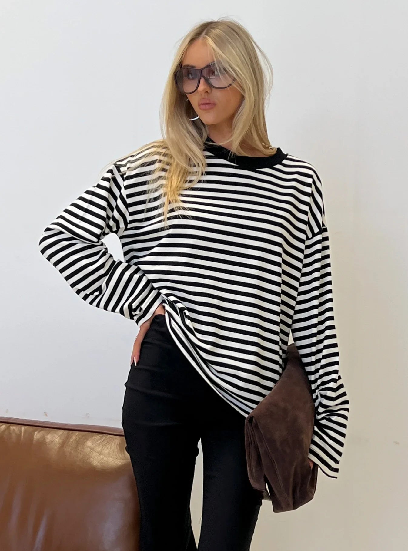 Settle Down Long Sleeve Top Black White Stripe
