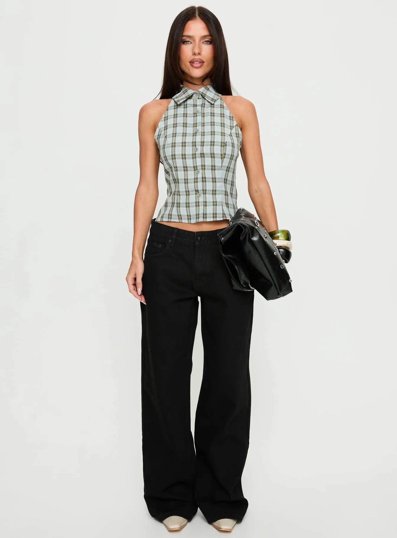 Daleia Sleeveless Collared Top Blue Check