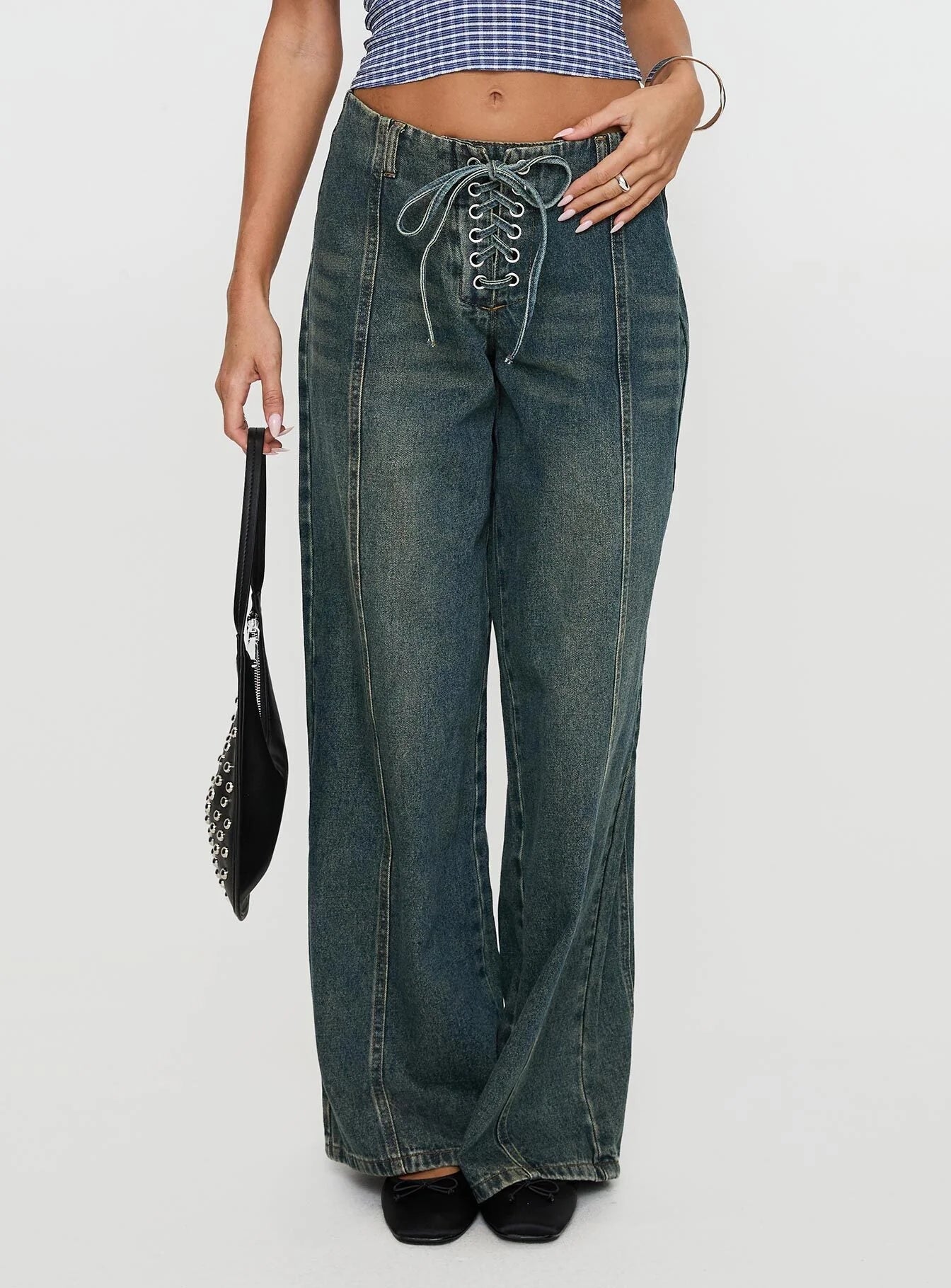 San Mateo Low Rise Wide Leg Tie Up Jeans Vintage Wash