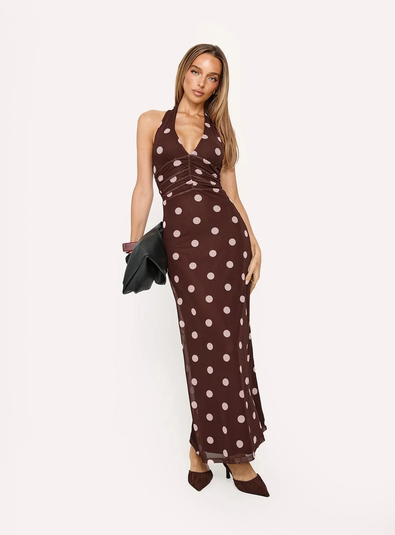 Saviana Halter Ruched Maxi Dress Chocolate Pink Polka Dot