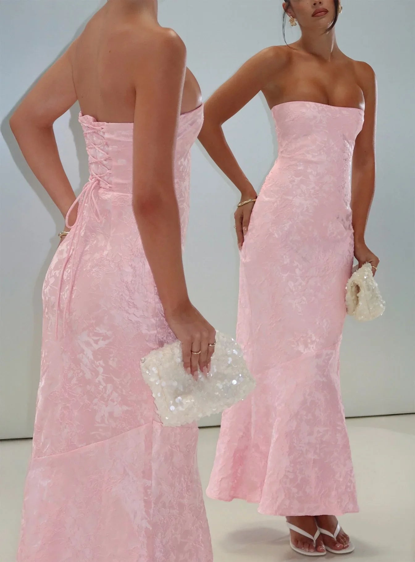 Lips Are Sealed Strapless Lace Up Back Maxi Dress Pink