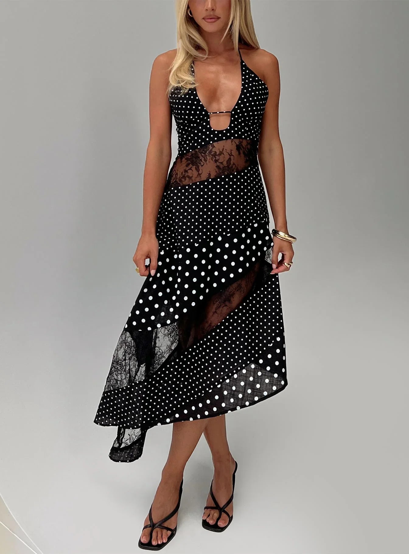 Down With Love Asymmetrical Midi Dress Black White Polka Dot