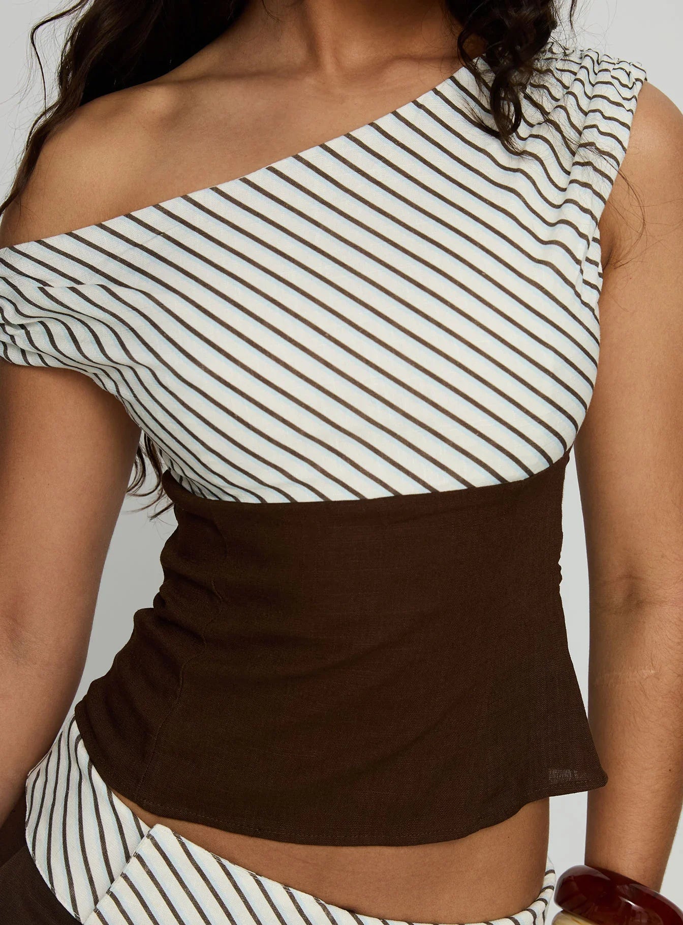 Past Life One Shoulder Top Brown Stripe