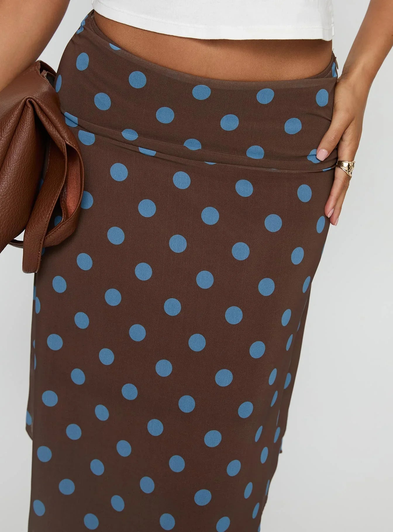 Daphene Asymmetrical Midi Skirt Brown Blue Polka Dot