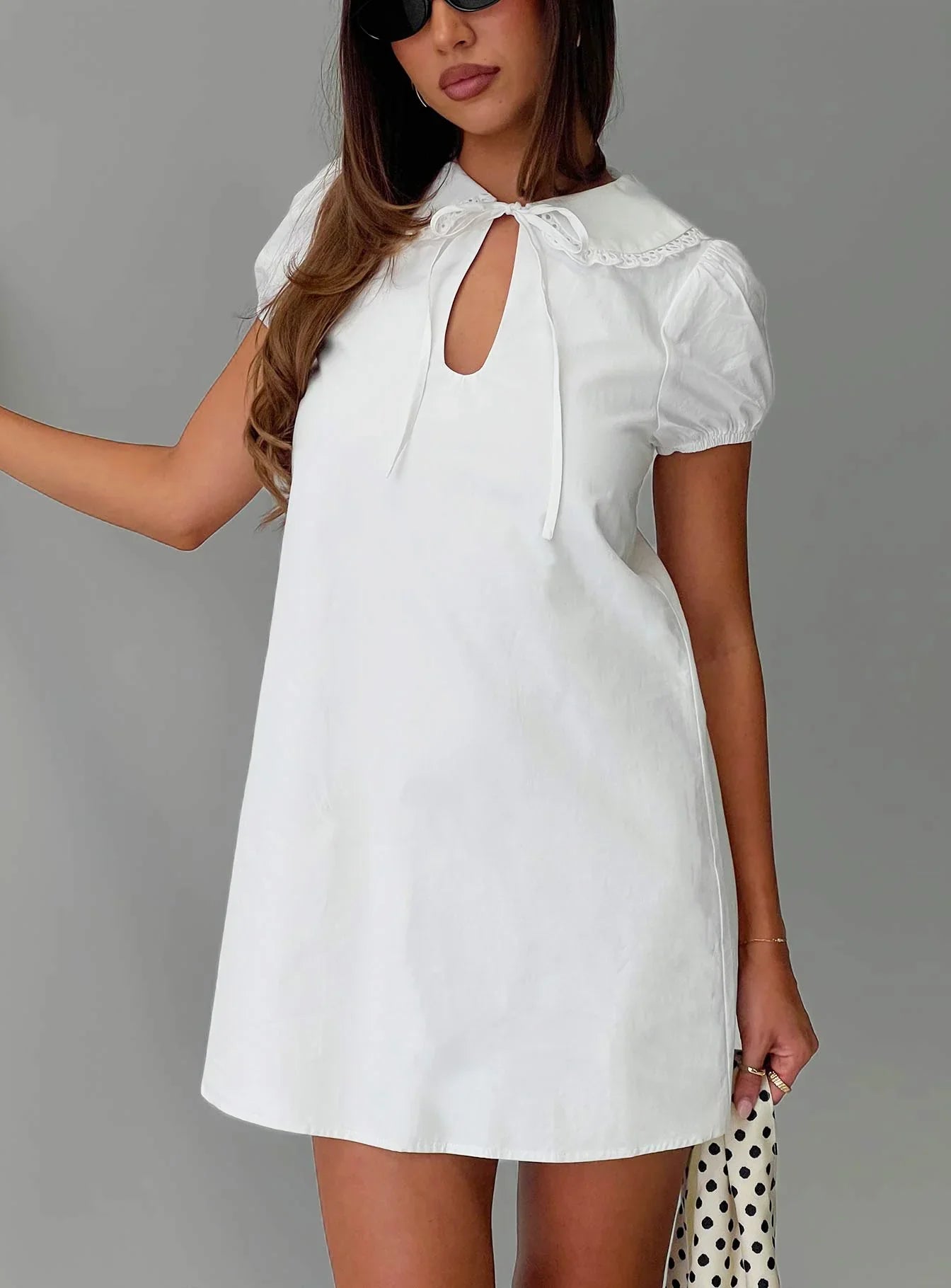 Youve Got Mail Lace Trim Keyhole Mini Dress White