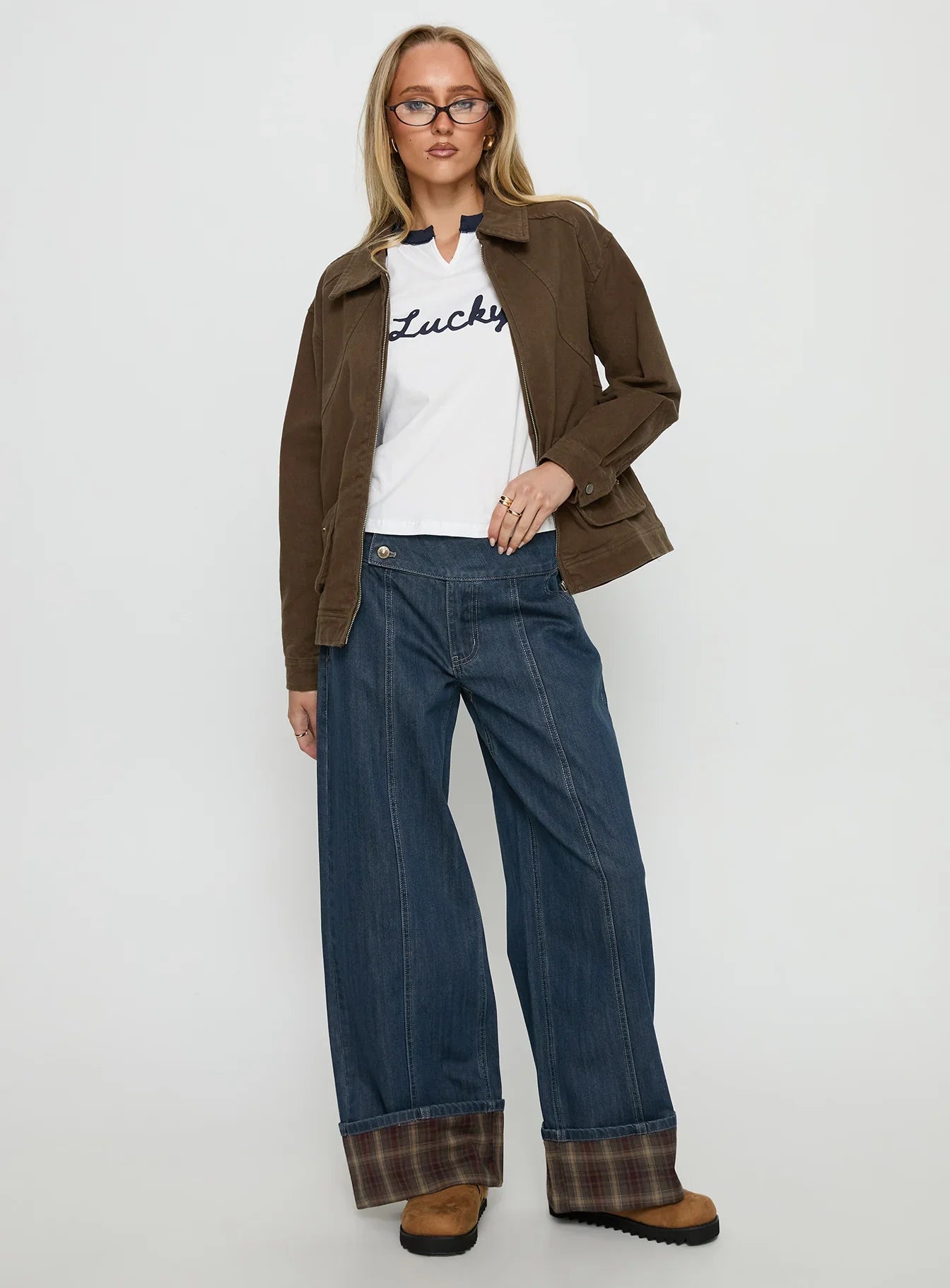 Nikoletta Foldover Jeans Dark Wash Check